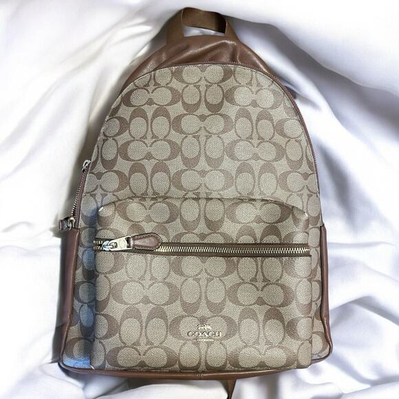 Coach Charlie Backpack Signature Coated Canvas Logo F58314 Women Brown - Picture 1 of 15